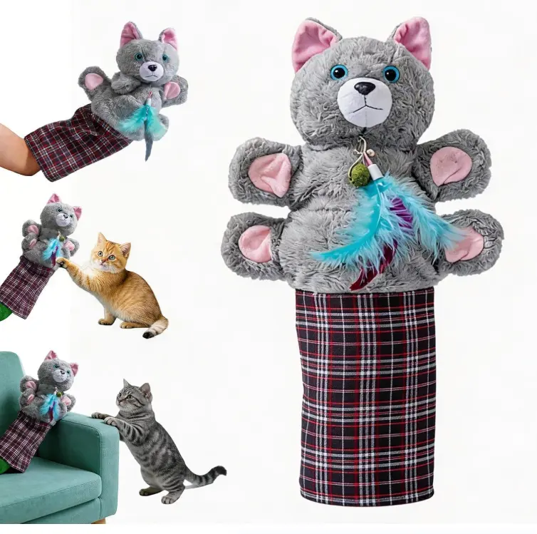 Wearable Cat Wrestling Glove Puppet Plush Toy - Universal Fit Interactive Glove with Durable Protective Sleeve, Catnip, Feathers, Bells - Stimulates Hunt, Tease Train for Play & Enrichment
