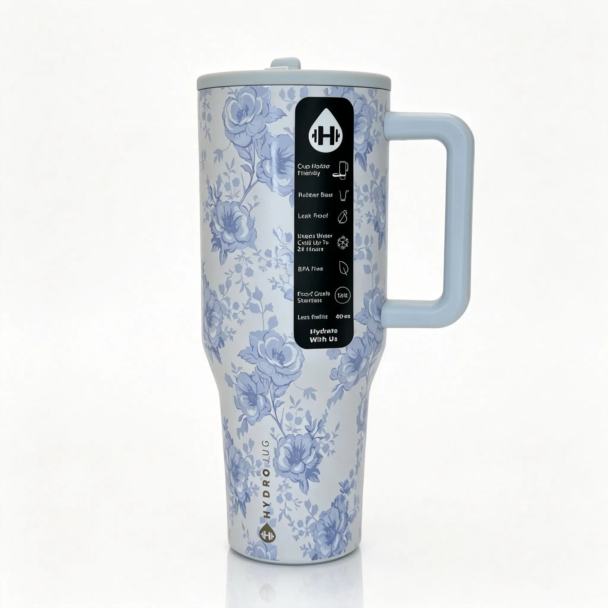 HydroJug 40oz Stylish Soft Pastel Blue Floral Print Stainless Steel Leak-Proof Vacuum Flask, Kitchenware Drinkware With Matching Handle Dr Pepper Tumbler vaso double wall soccer Dual Color Vacuum Water Bottle flip straw skinny straight sublimation tumbler