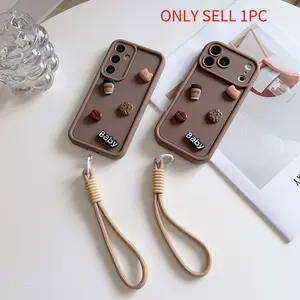 Suitable for Infinix Tecno series Note30/Note40/Note50/Smart7/Smart8/Smart9/Smart10/Hot30/Hot40/Hot50/Hot60/Spark10/Spark20/Spark30C/Spark40C， Brown 3D cute powder blusher bear biscuit decoration+woven lanyard phone case, equipped with detachable lanyard