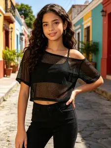 Retro 1980s Dance Party Black Fishnet Mesh T Shirt Party Fashion Top Unisex for Teens Adults Halloween Cosplay Performance Costume