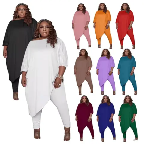 Women's Plus Size 2-Piece Matching Clothing Set - Long-Sleeve Cold Shoulder Asymmetric Fitted Round Neck Shirt & Leisure Pants, Comfy All Day Modern Vibe Outfit for Lounge, Outdoors (Plus Size Women's Clothing)