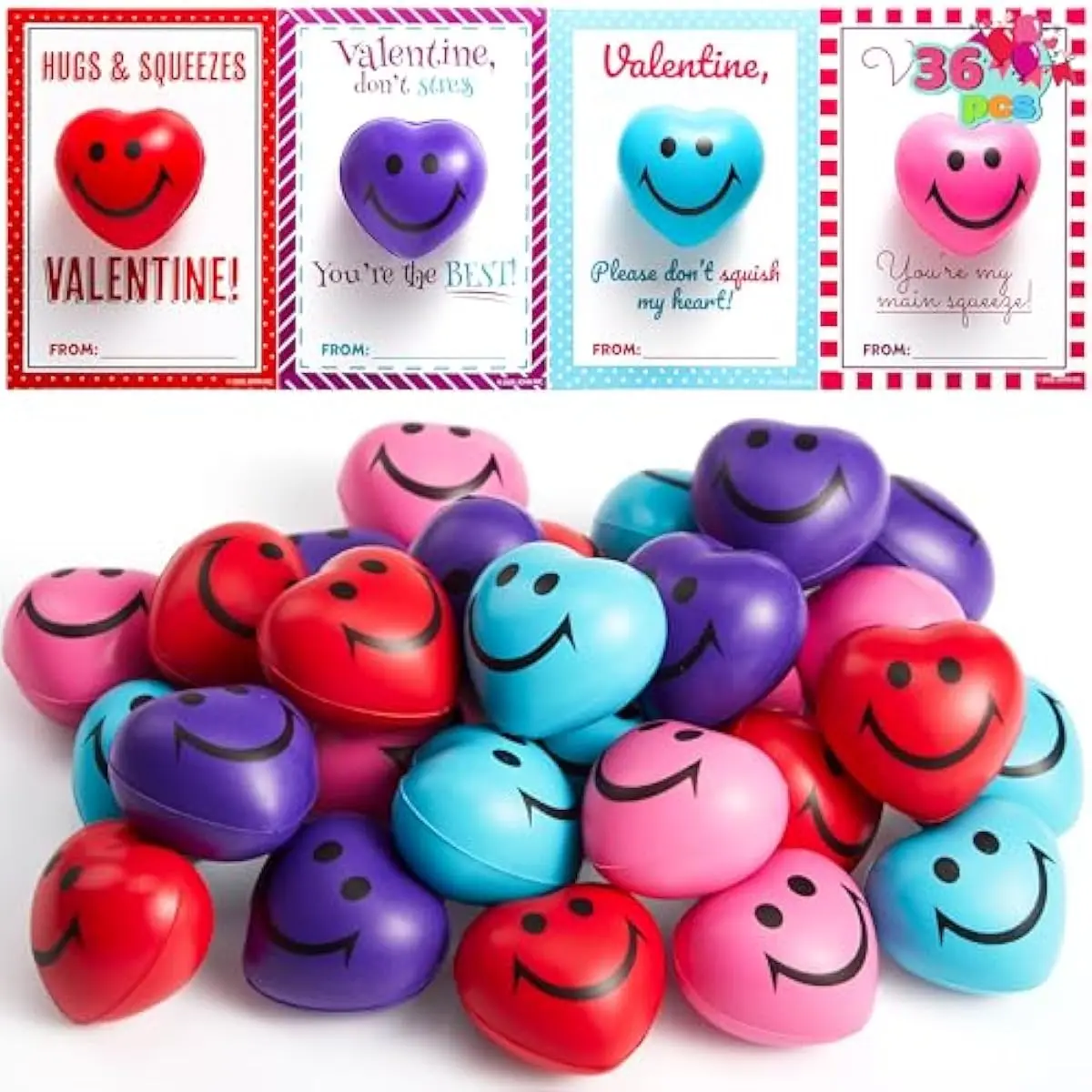 36 Packs Heart Shape Stress Ball with Cards Stress Relief Fidget Toy for Valentine Party Favors, Classroom Prize Supplies, Valentines Greeting Cards, Valentine Exchange Gifts