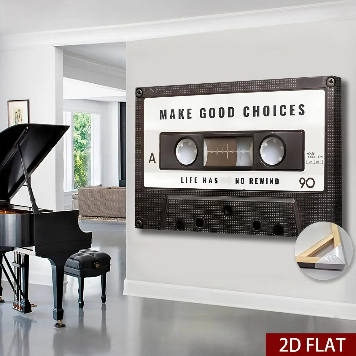 [Extra Large Canvas Wall Art] 2D Flat, 2D Flat 1pc Wooden Framed Extra Large Canvas Wall Art, Revive Retro Vibes with Classic Cassette Tape Canvas, Make Good Choice Life Has No Rewind, Motivating Wall Art, Trendy Inspirational Print, Ready to Hang