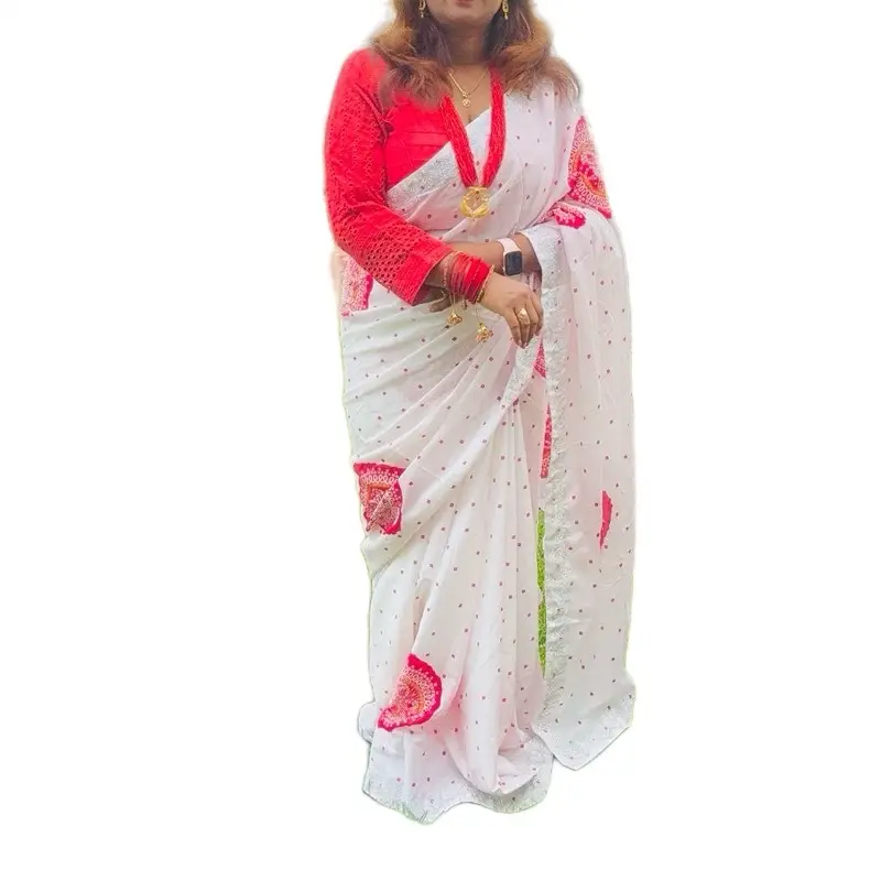 Chinnon silk sirowski saree falls picco done bandhini print saree Womenswear