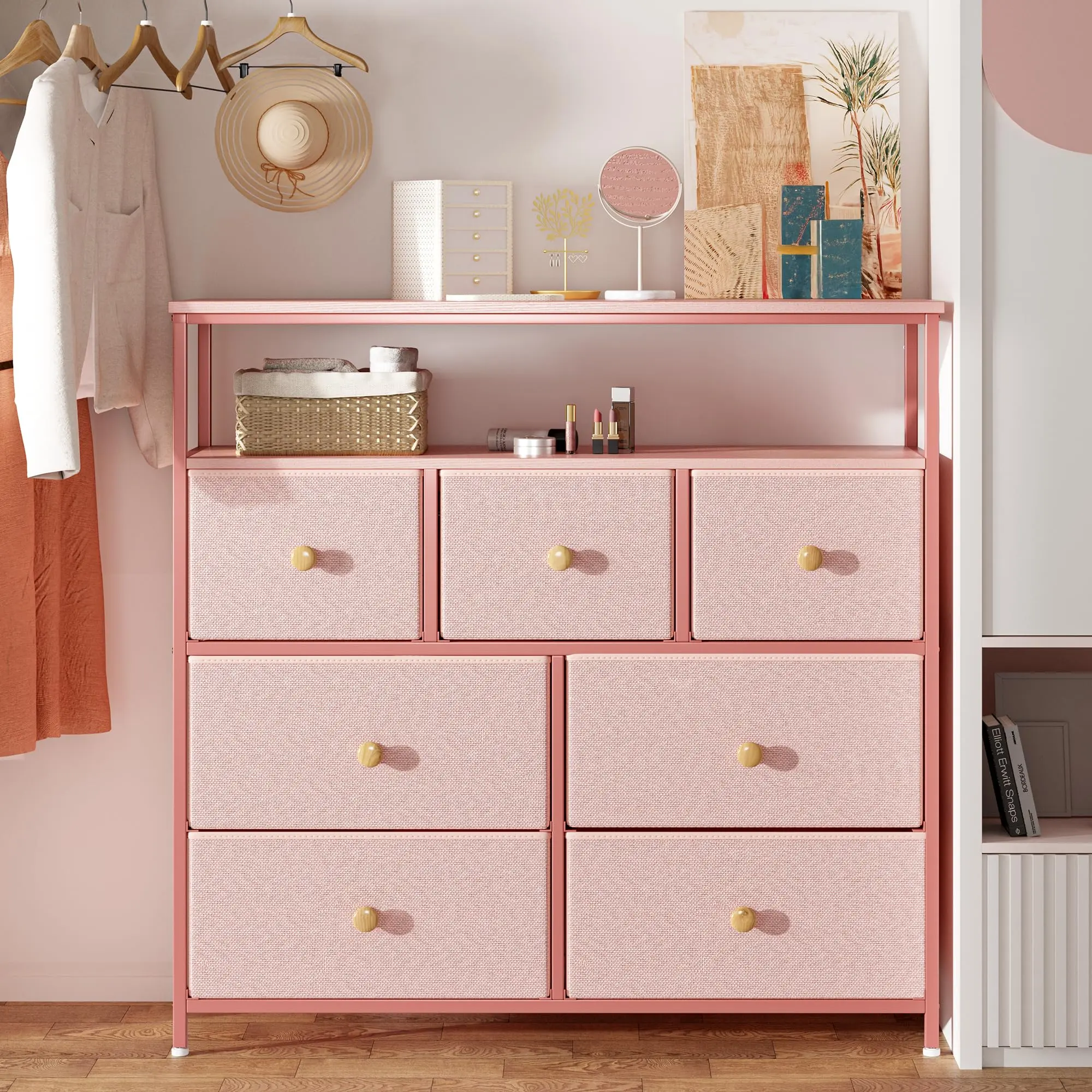 Raybee Furniture Dresser for Bedroom, 7 Drawers with 2 Open Wooden Shelves, Easy Assembly, Rustic Brown Design, 120 lbs Load Capacity