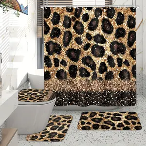 Set of 4 Leopard-Patterned Shower Curtains, Featuring a Brown Bathroom Ensemble That Includes 12 Hooks, Non-Slip, a Toilet Lid Cover, And a U-Shaped. These Machine-Washable Bathroom Additions Showcase a Wild Safari Theme with Cheetah And Panthera D