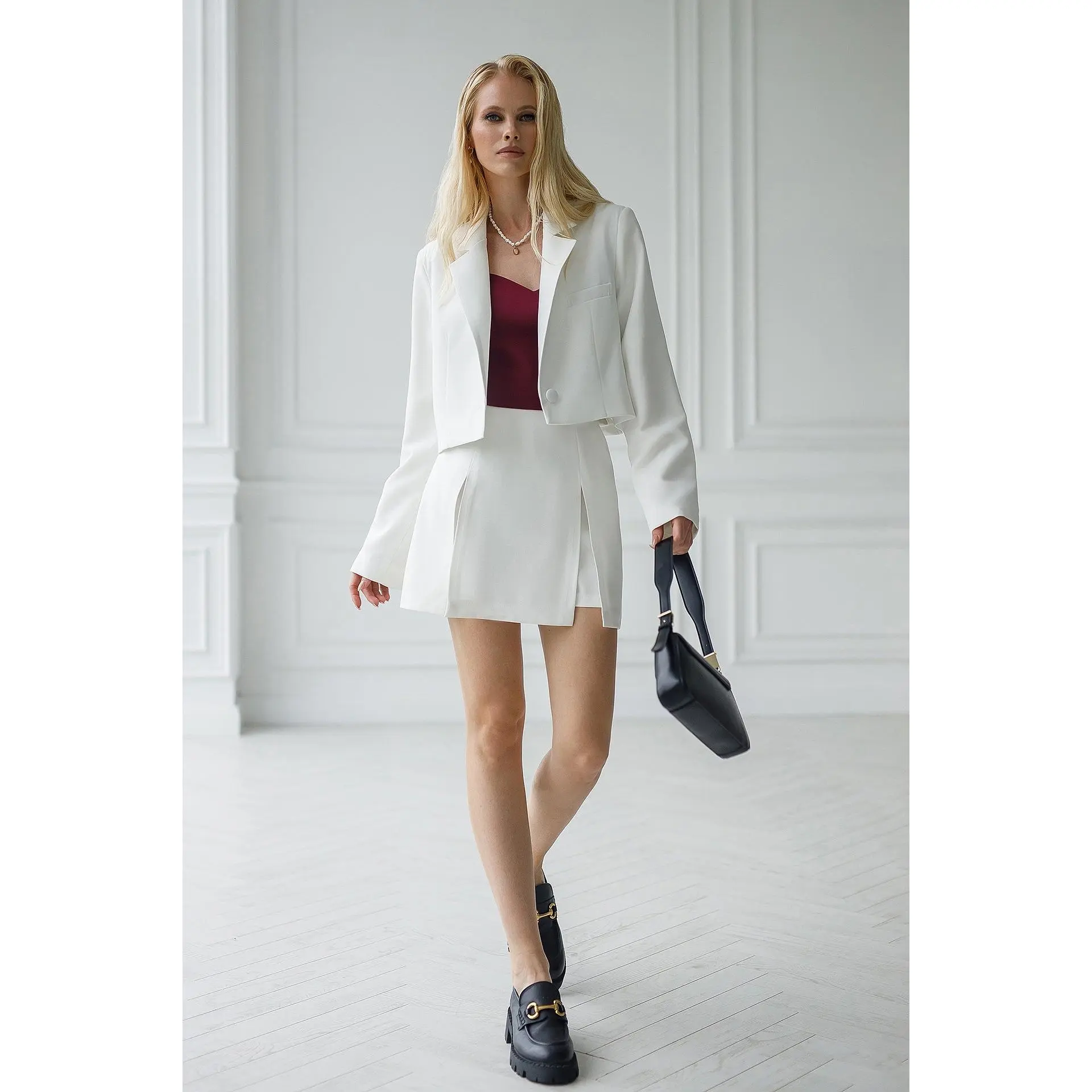 White Crop Jacket Skirt Suit 2-Piece