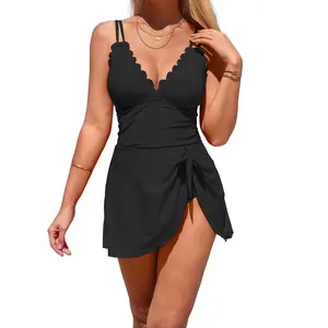 One Piece Swim Dress Scalloped Modest Swimsuits for Women Tummy Control Bathing Suit with Skirt Square Neck