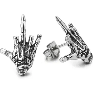 Mens Womens Stainless Steel  Hand Skeleton  Stud Earrings, Screw , Punk Rock Gothic