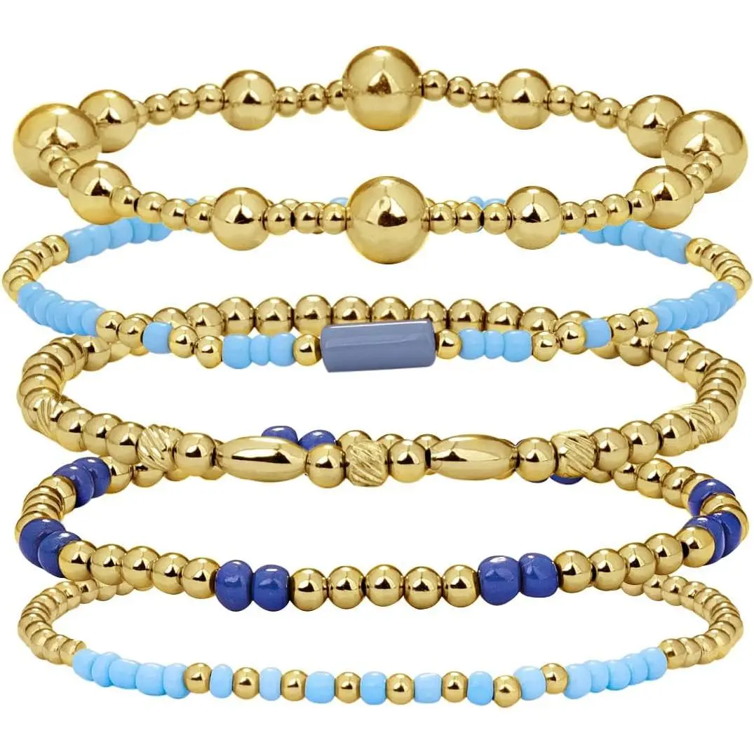 Gold Beaded Bracelets for Women: 14K Gold Bracelets for Women Trendy Dainty Gold Ball Bracelet Stack for Womens - Boho Stretch Bracelets Jewelry Sets with Cross Fashion Accessories Gifts for Women