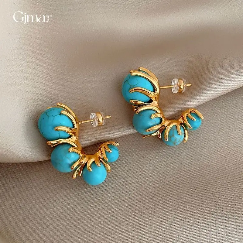 LisiZen Silver Needle European and American Retro C-shaped Blue Turquoise Earrings Ethnic Style New Chinese Elegant Earrings for Women DZEH5676