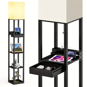 2024 1 count Column Floor Lamp With Shelves, Solid Wood, USB Ports, Storage Drawer And Bulb Included