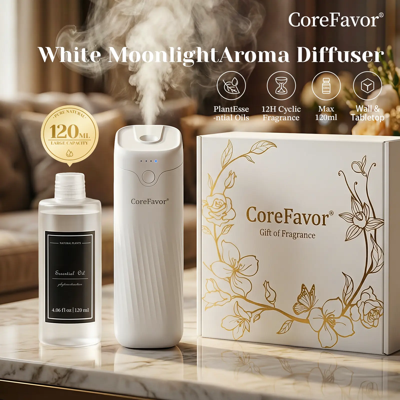 CoreFavor Waterless Essential Oil Diffuser - 120ml Aroma Oil Included, Wall-Mountable, USB Rechargeable, 4 Adjustable Scent Intensities, Low-Noise Calm Operation, Boujee Home Accessories, Ideal Gift for Bedrooms, Offices