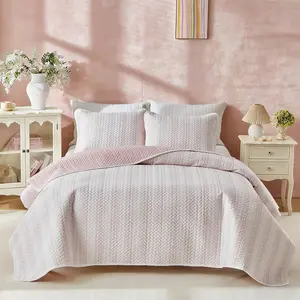 2 Pieces Twin Size Floral Cotton Quilt Set for Girls, Pink Stripes Floral Design, Cozy Lightweight Cotton Quilt Bedspread Bed Cover for All Season 68x88 inches