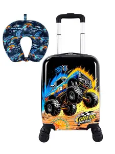 2Pcs Flame Truck Kids Luggage Set, Hard Shell Rolling Suitcase with Neck Pillow, Lightweight Travel Carry On Luggage for Boys, Kids School & Vacation-Black