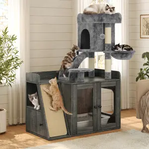 Grey All-in-One Cat Tower, Modular Litter Box Enclosure Furniture with Hidden Cat Litter Box, Built-in LED Light, Sisal Scratching Board, Storage Space, Cozy Condo and Rest Platform, Multifunctional Indoor Pet Cat House