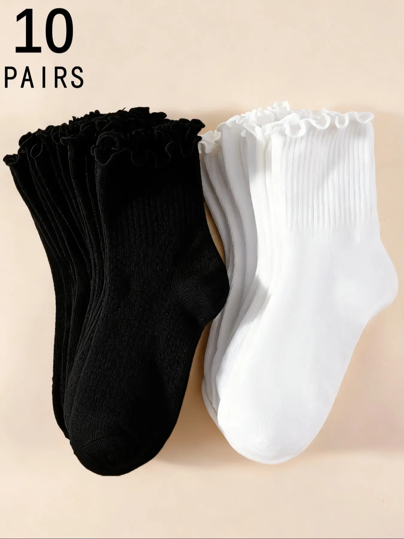 Women's 10 Pairs Solid Color Basic Lettuce Trim Frill Crew Fitted Socks, Casual Fashionable Simple Comfy Breathable Lady Socks for Daily Outdoor Wear Coordinate, Multipack Knit Socks for All Seasons Womenswear