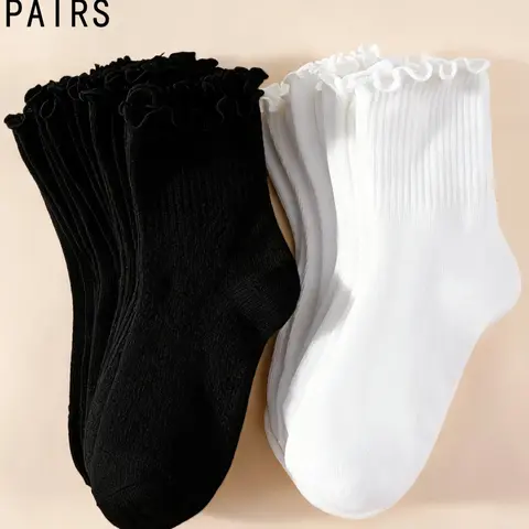 Women's 10 Pairs Solid Color Basic Lettuce Trim Frill Crew Fitted Socks, Casual Fashionable Simple Comfy Breathable Lady Socks for Daily Outdoor Wear Coordinate, Multipack Knit Socks for All Seasons Plain Casual Socks Womenswear