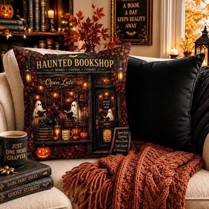 Halloween Velvet Pillow Cover, Haunted Bookshop Ghost Reading Design, Double-Sided Zipper Home Decor Items, Spooky Chic Breathable Washable Indoor Cushion Cover for Book Lovers