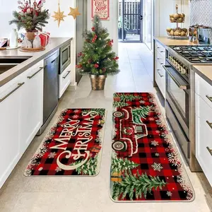 4pcs Linen Fabric Christmas Kitchen Floor Mat Set - Farmhouse Style, Red Buffalo Plaid Truck Print Decor, Ideal for Kitchen, Laundry Room
