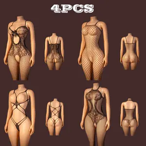 Elegant 4pcs Women's Bodysuit & Sexy Lace Lingerie Set Black Mesh Corset Red Lace Black Fishnet garter Basic Minimalist Intimate Apparel Seductive Clothing Pieces Womenswear Mixed Color babydoll sexy lingerie set floral christmas Teddy Halter Halter Neck