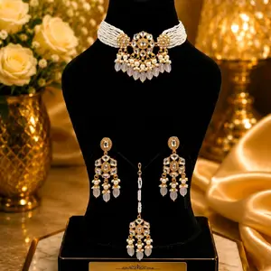Elegant Gold-Plated Uncut Kundan Jewelry Set - Choker, Earrings, and Tikka