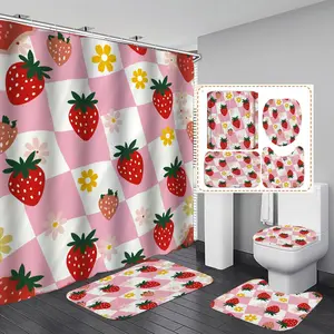 1/3/4PCS Cute fabric strawberries and flowers on pink white check Shower Curtain Set with Rugs, Non Slip Bath Mat, U-Shape Carpet, Toilet Lid Cover, Polyester Fabric Bathtub Curtain Accessories, 12 Hooks, Home Bathroom Festival Decor