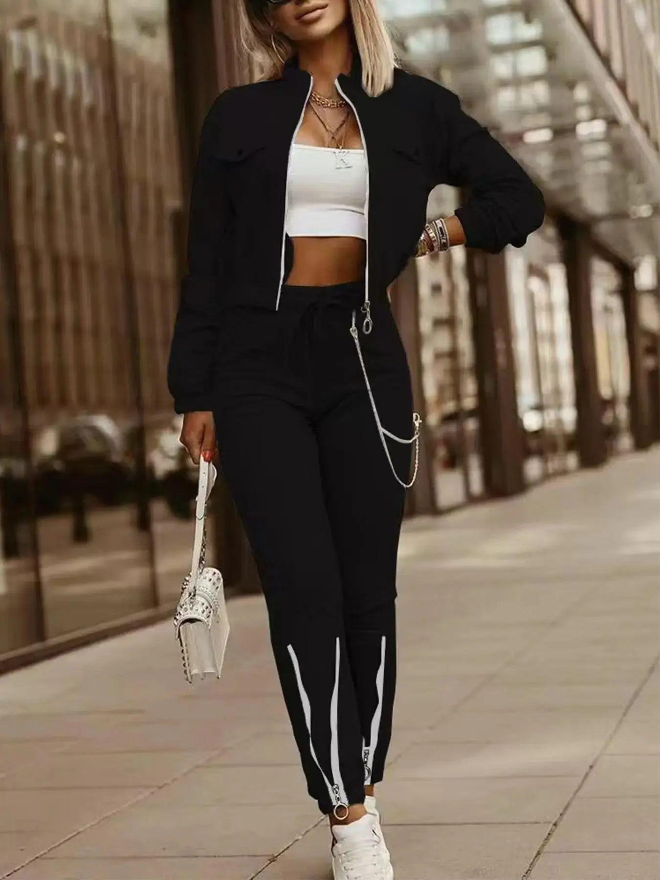 Two-piece Set Women's Fitted Solid Color Pocket Zip Up Crop Jacket & Drawstring Waist Pants, Casual Funnel Neck Long Sleeve Outerwear & High Waist Trousers for Spring & Fall, Women's Clothes for Daily Wear, Outfit, Womenswear
