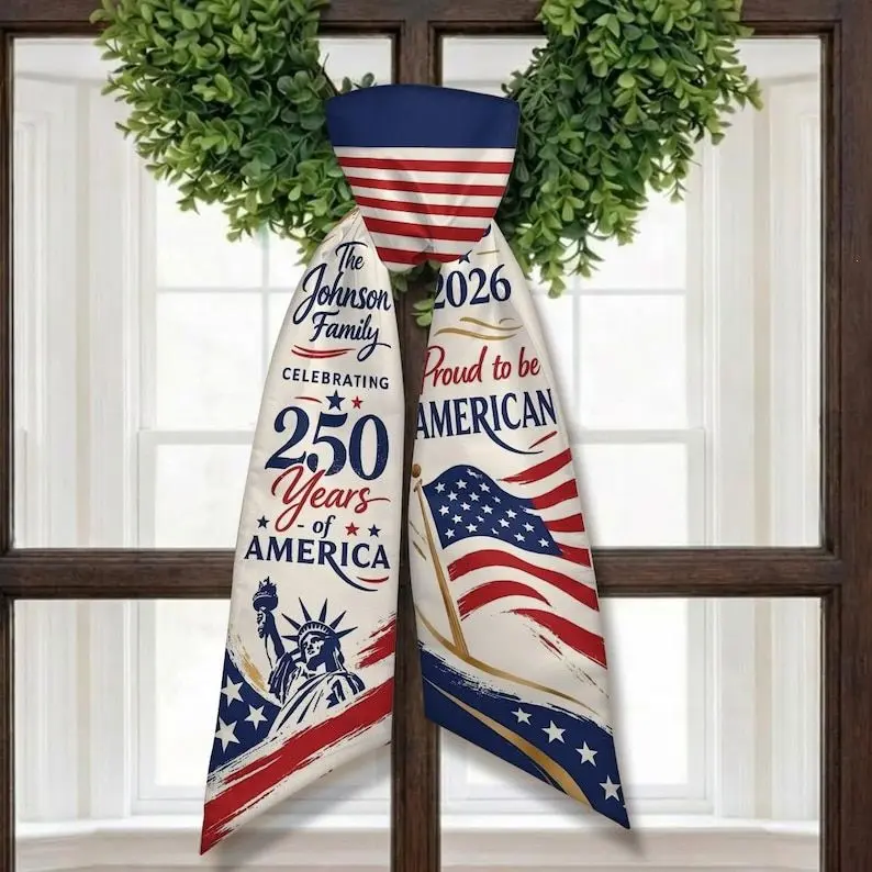 Patriotic Wreath Sash, Personalized Family Name Door Wreath Bow, 1776-2026 USA 250 Years Decoration