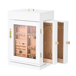 Jewelry Box 360° Rotating Jewelry Organizer With Built-In 4 Necklace Hooks, Spacious Compartments, Soft Lining, Anti-Tarnish Felt, Secure Ring and Bracelet Tray, White Finish, Perfect for Dresser, Vanity, and Gift
