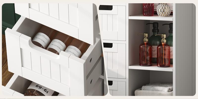 Wooden Bathroom Floor Cabinet, Side Storage Organizer with 4 Drawers, 1 Cupboard & 2-Shelves, White