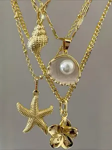 4-piece simple Bohemian starfish imitation shell and imitation pearl multi-layer pendant necklace set. A gift for summer beach vacations, dates. Suitable for women, as a friendship item, and for daily casual or party wear, with a unisex style.