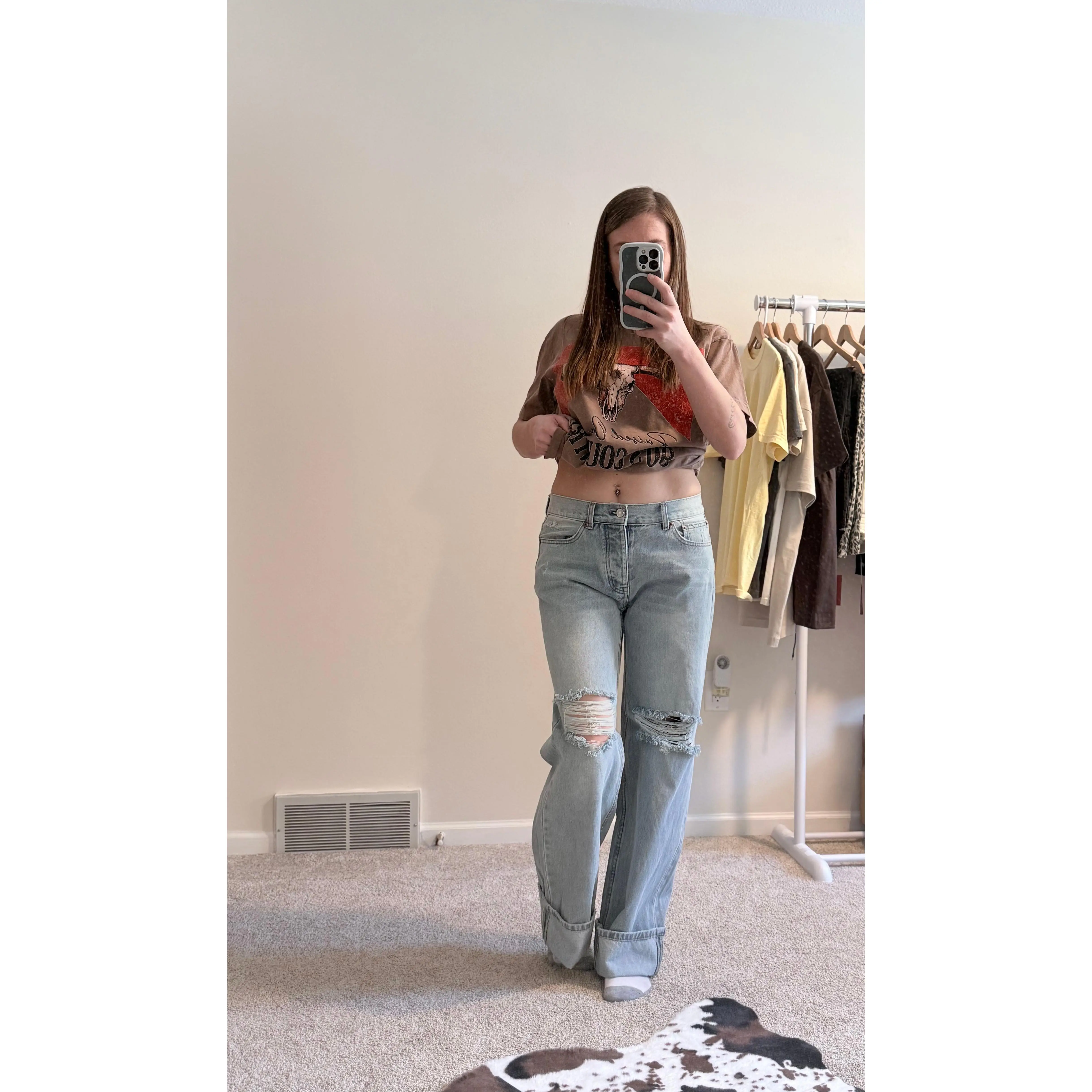 Vintage Fold & Distressed Wide-Leg Jeans
