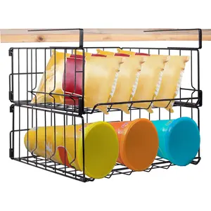 Hanging Under Shelf Storage Basket, 2 Pack Foldable Under Cabinet Metal Desk Storage Wire Rack Organizer for Kitchen Pantry Bookshelf Office Home, Easy to Install Slide-in Under Shelves