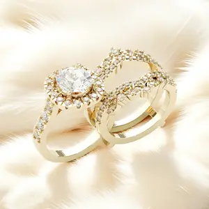 Jorrio Gold-Plated 2CT Round Cut Insert Wedding Ring Set, 5A Cubic Zirconia Women's Ring Set for Daily, Wedding,Anniversary