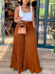 Women's Pleated Wide Leg Flowy Solid Pants, Casual Loose-Fitting Trousers for Spring & Summer Vacation & Outdoor Activities, Stylish Ladies' Fashion Bottoms