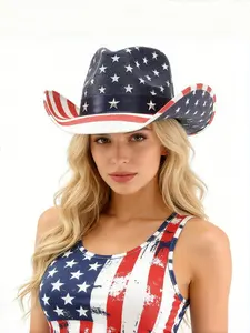 Independence Day Western Cowboy Hat, Stars & Stripes Large Brim, Unisex Patriotic Casual Party Cap, All Seasons Fitted Design