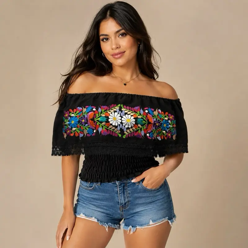 Women's Traditional Off-the-Shoulder Embroidered Crop Top One Size fits S,M,L Mexican Campesina Blusa Bordada Blouse for Women Shirt Womenswear