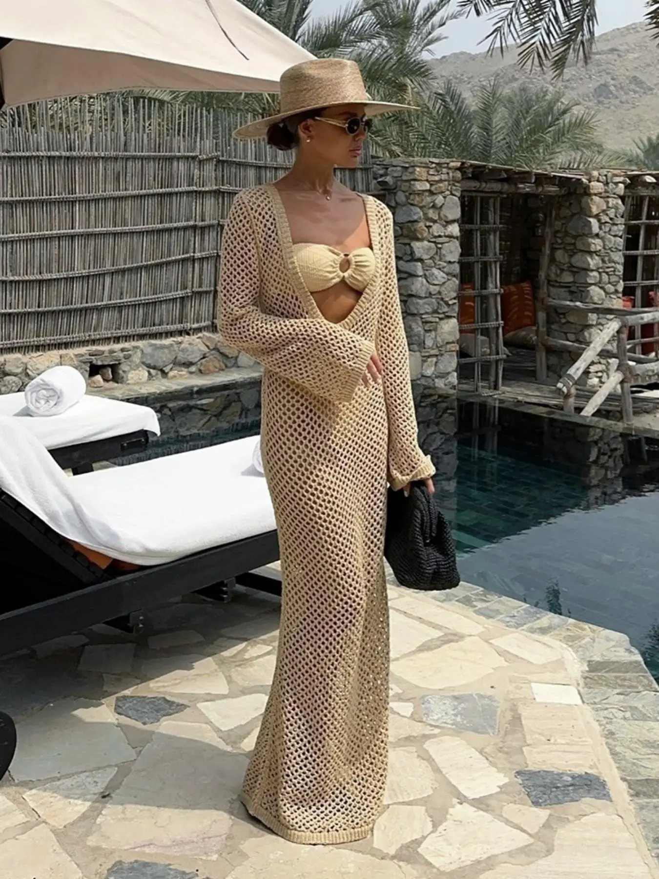 Women's Solid Color Crochet Cover Up Dress, Casual Long Sleeve V Neck Cover  Up Dress for