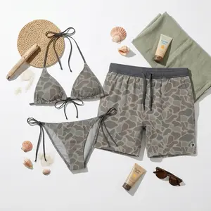Grey Camo Couple Swimsuit Collection - Aesthetic Camouflage Triangle Bikini & Swim Trunks Set, Men's Beach Shorts, Summer Vacation Hawaiian Swimwear