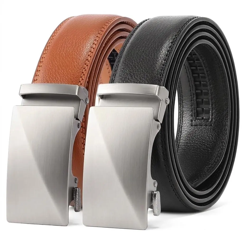 Men's 2-Pack Leather Ratchet Belt Set - Brown, Blacked-Out Automatic Casual Boxed Belts, Trim-to-Fit for Dress & Gifting, Adjustable Ratchet Closure, Brown Belt, Boxed Men's Belts