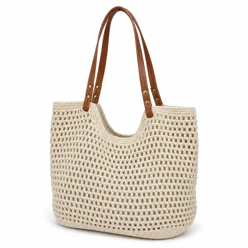 Women's Crochet Tote Bag with Faux Leather Handles, Lightweight Hollow Out Knitted Mesh Shoulder Purse, Boho Woven Beach Bag and Summer Vacation Essential for Travel, Shopping, Farmers Market, Resort, Pool, Picnic and Everyday Carry, Small & Large Sizes