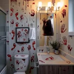 Halloween Bloody Handprint Footprint Window Stickers Wall Stickers for Halloween Party Decorations Inside Outside Decor Come with Plastic Scraper Tools