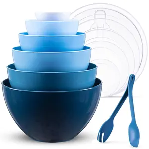 Mixing Bowls with Lids Set, 14 Piece Plastic Nesting Mixing Bowls Set includes 6 Large Bowls, 6 Lids and A Pair of Fork&Spoon, Refrigerator Microwave Dishwasher Safe