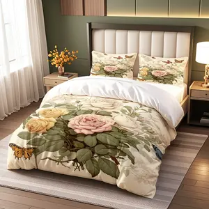 Rose Butterfly Vintage Floral Print Bedding Set (1 Fitted Sheet + 2 Pillowcases), French Romantic Style, Soft Comfort, Bedroom Decor