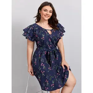 Plus Size Floral Print Cut Out Ruffle Short Sleeve Belted Dress