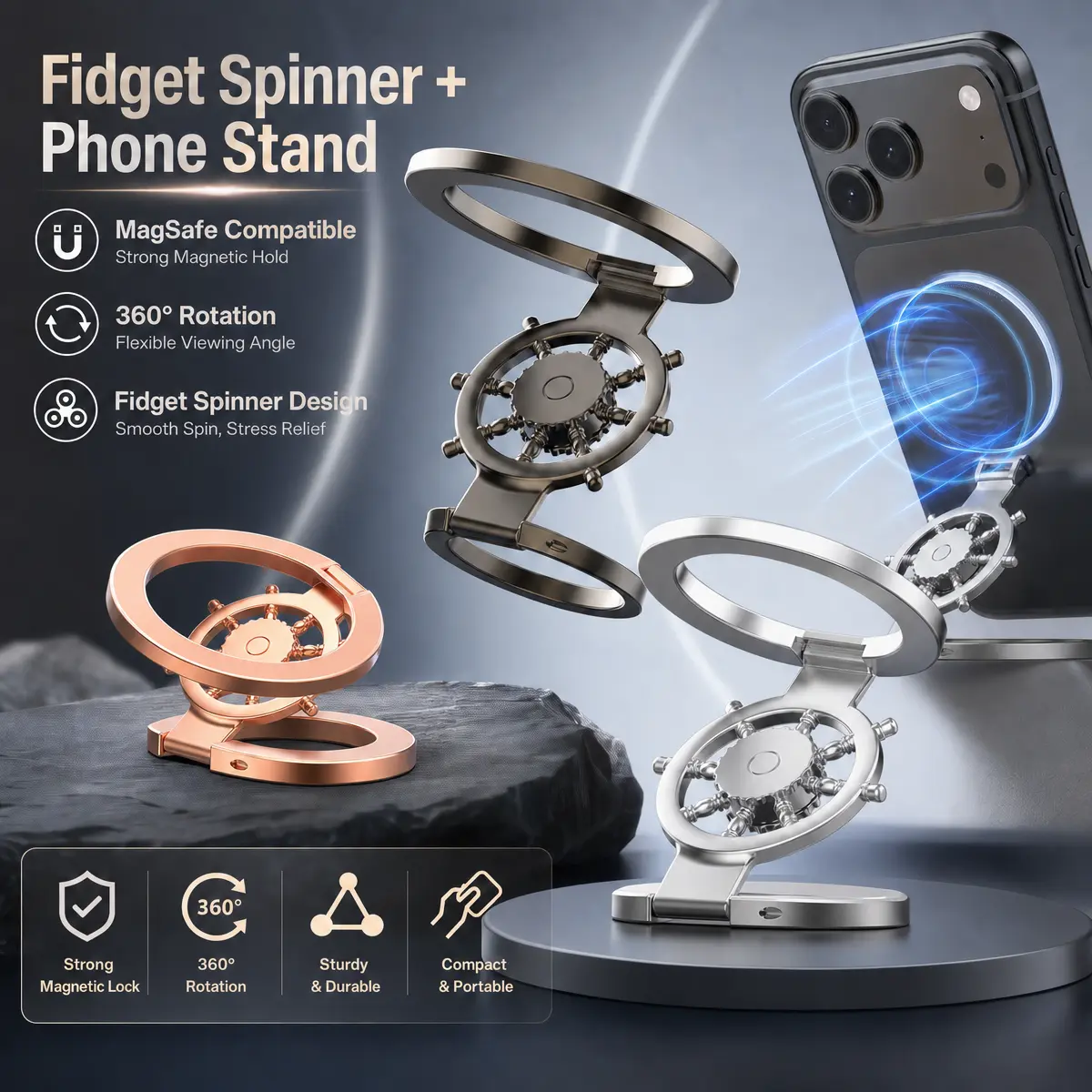 2-in-1 Magnetic Fidget Spinner Phone Holder, MagSafe Compatible 360° Rotatable Foldable Stress Relief Accessory for Car, Desk, Office & Travel