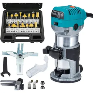 Compact Router with Trimmer/Fixed Base, Variable Speed Trim Router Palm Router Laminate Trimmer, 1/4" 710W Electric  Router Tool Kit with 15 Router Bits for Woodworking