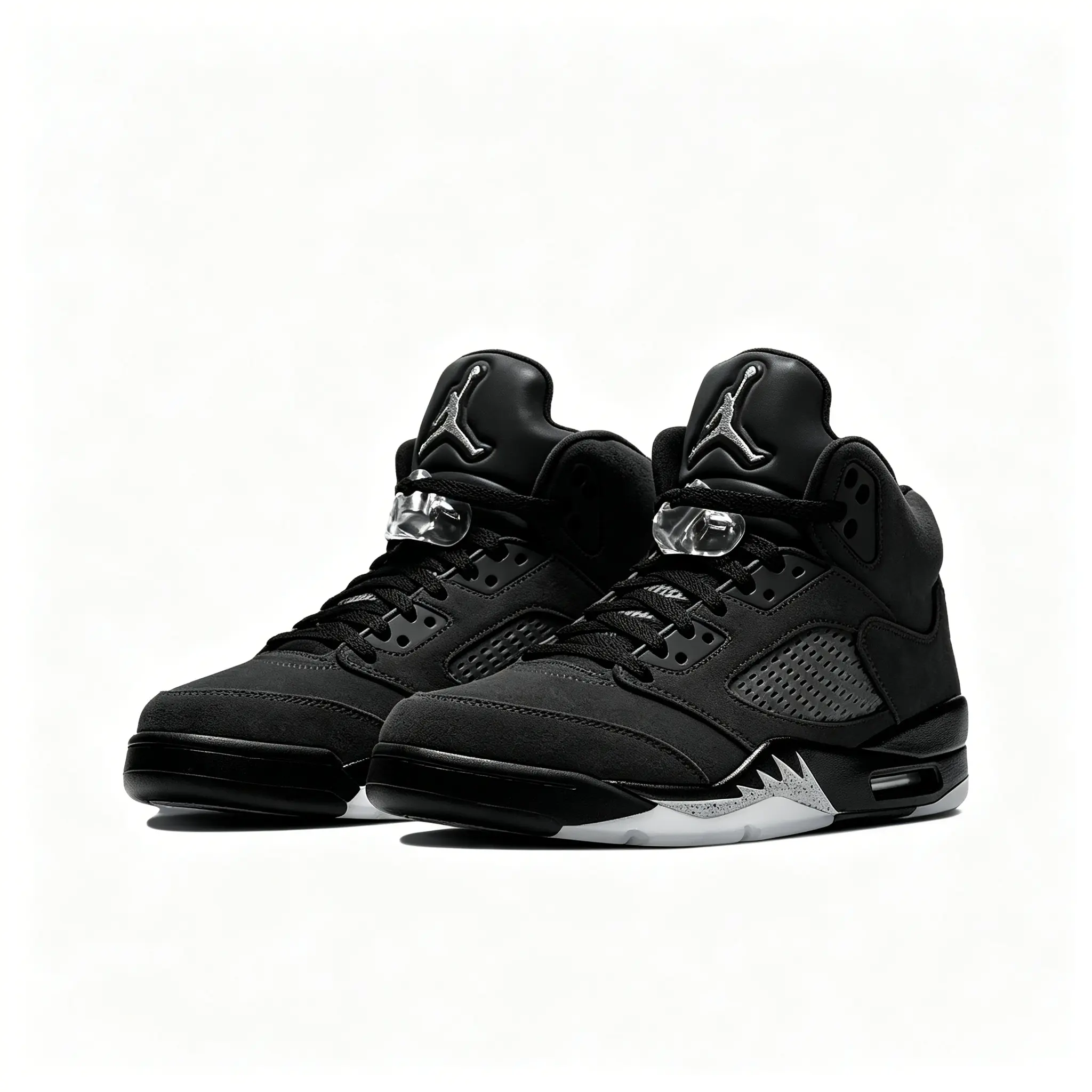 High‑Top Retro Basketball Sneakers All‑Black Suede Upper Black Mesh Vents Bright White Sawtooth Accents Black‑White Mixed Outsole Black Collar Shock‑Absorbing Street Fashion Sport Footwear