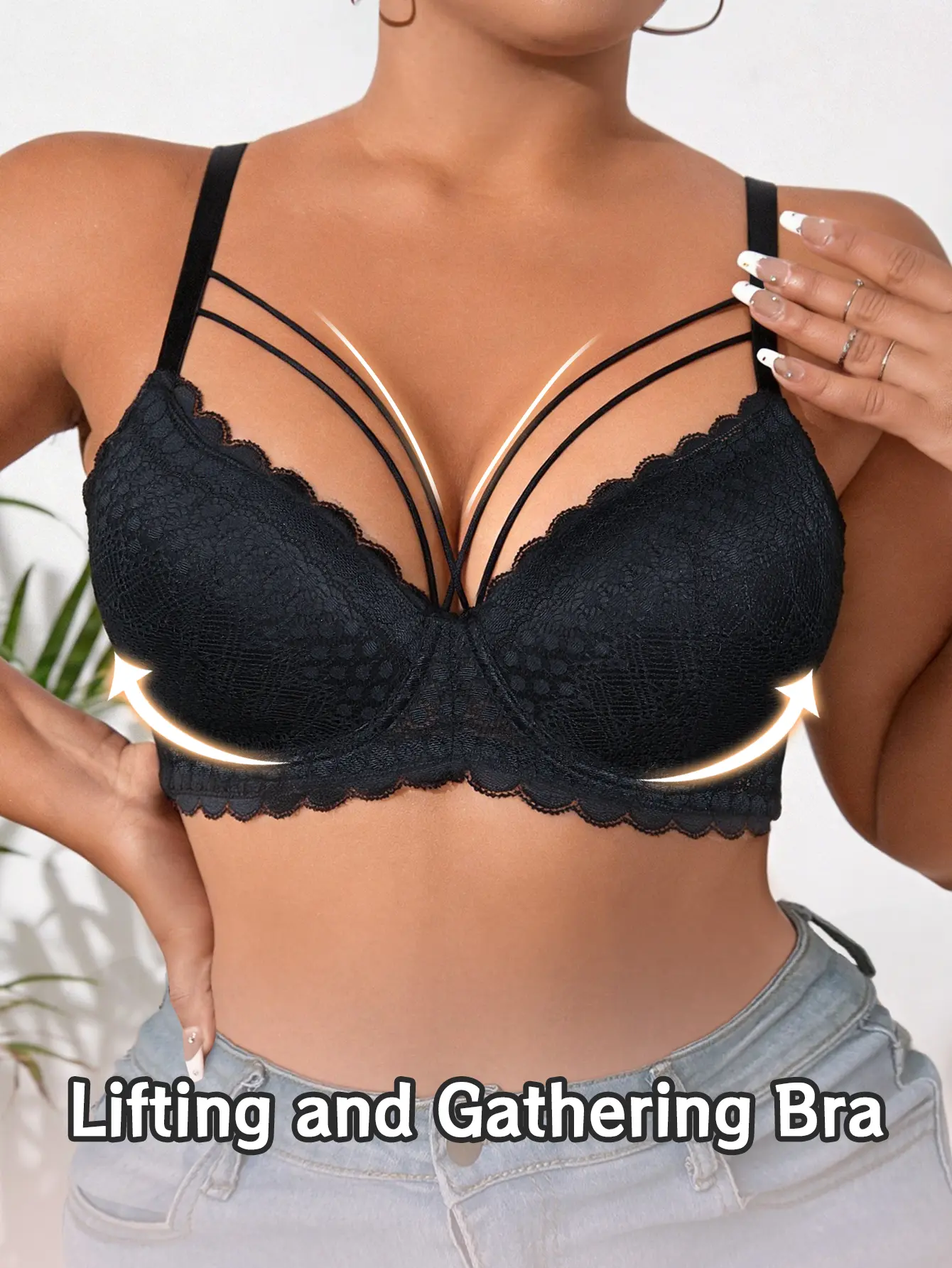 Plus Size Women's Lace Deep V Underwire Bra, Push Up Full Coverage Side Support Anti-Sagging Anti-Slip Minimizer, Mesh Back Comfortable Breathable, for Summer Vacation Outfits, SummerWins, DealsForYouDays